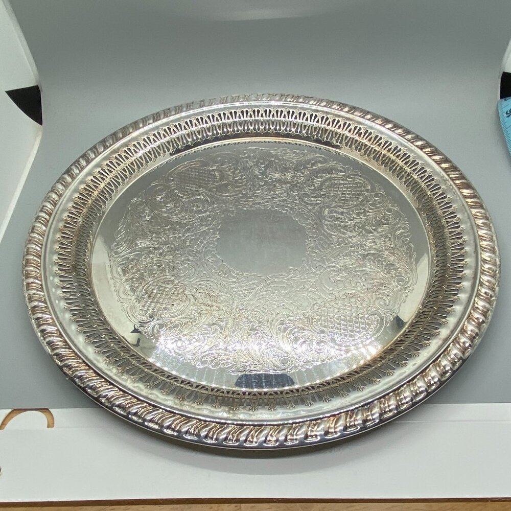 Vintage Leonard Silver EP Reticulated Round Serving Platter Plate Tray 12.5"